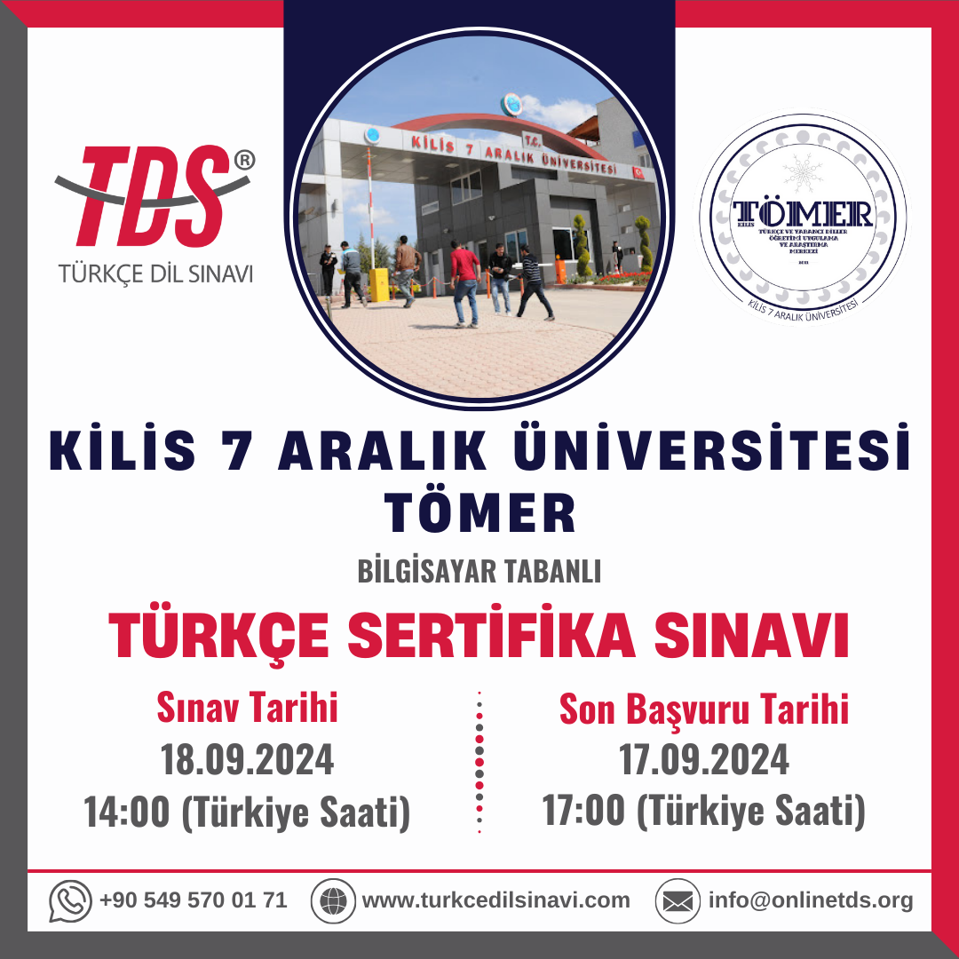 Kilis 7 Aralık Üniversitesi TÖMER Türkçe Sertifika Sınavı (2024 Eylül)